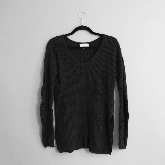 Sweaters - Distressed Black V-Neck Sweater